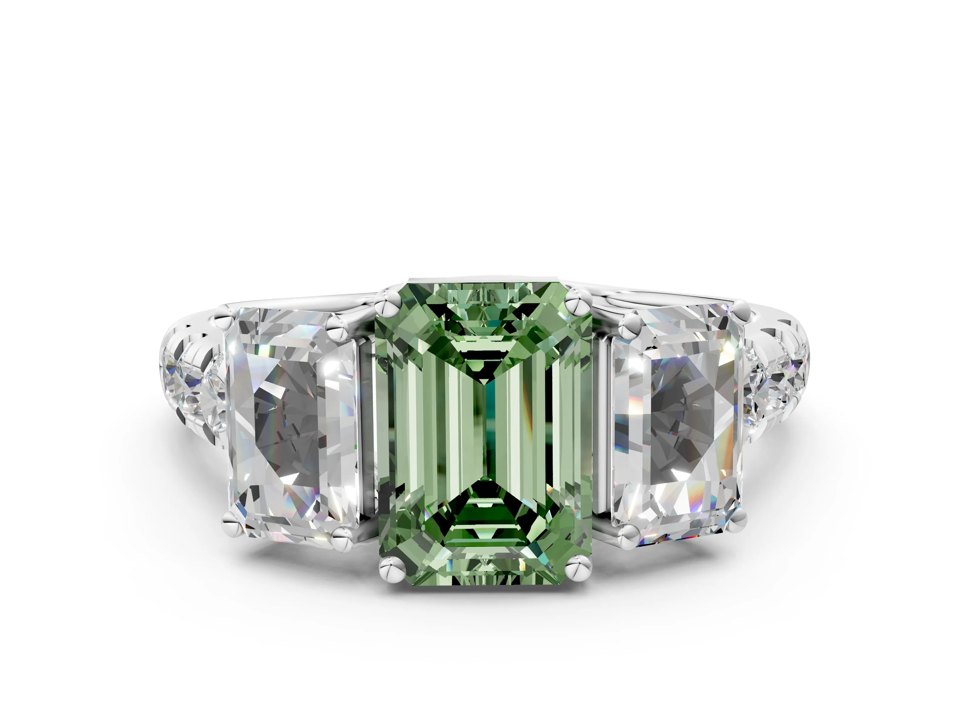 White gold Three-Stone Fancy Green Emerald Cut Diamond Pavé Band with Prong Setting