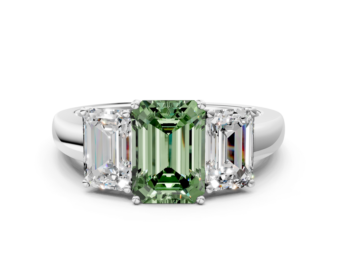 White gold Three-Stone Fancy Green Emerald  Cut Diamond Ring with Channel-Set Band and Four-Prong Setting_49