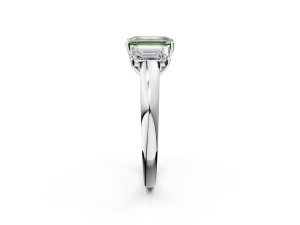 White gold Fancy Green Emerald Cut Diamond Three-Stone Ring with Four-Prong Setting and Classic Band