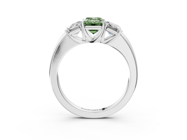 White gold Fancy Green Emerald Cut Diamond Three-Stone Ring with Four-Prong Setting and Classic Band