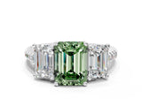 White gold Three-Stone Fancy Green Emerald Cut Diamond Ring with Pavé Band and Prong Setting_114