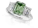 White gold Three-Stone Fancy Green Emerald Cut Diamond Ring with Pavé Band and Prong Setting_115