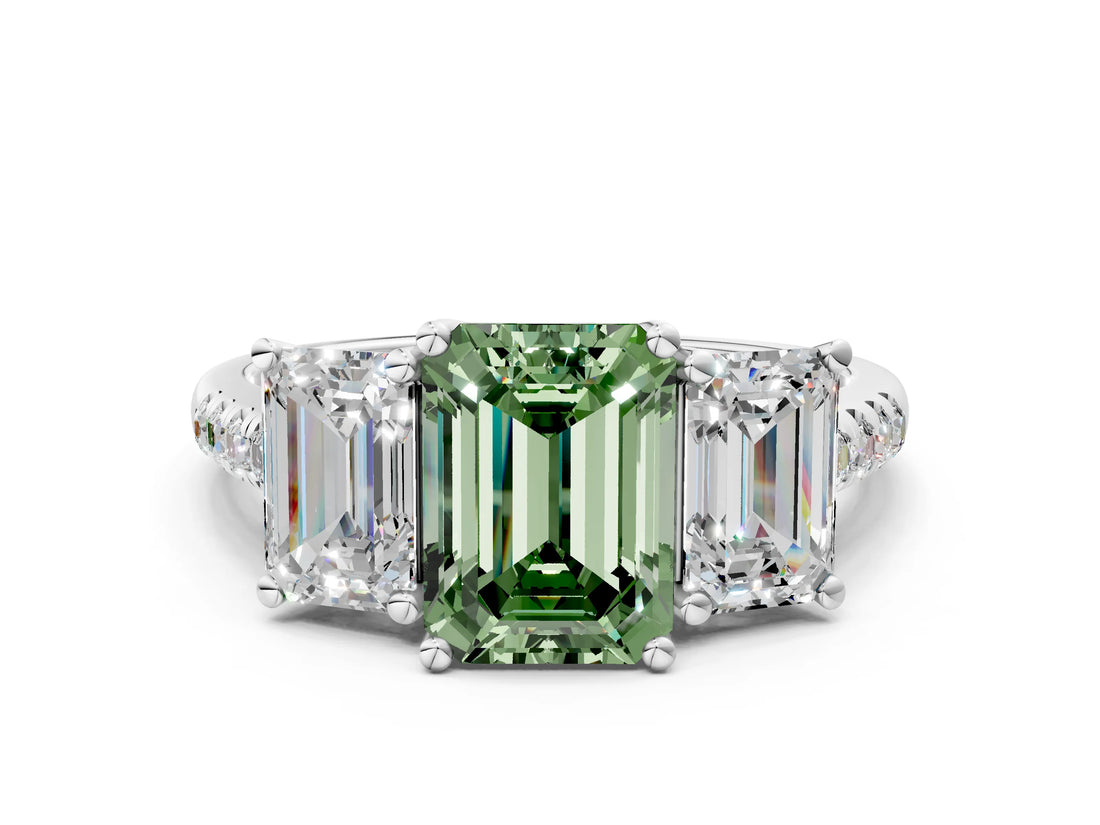 White gold Three-Stone Fancy Green Emerald Cut Diamond Ring with Pavé Band and Prong Setting_120