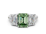White gold Three-Stone Fancy Green Emerald Cut Diamond Ring with Pavé Band and Prong Setting_120