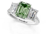 White gold Three-Stone Fancy Green Emerald Cut Diamond Ring with Pavé Band and Prong Setting_122