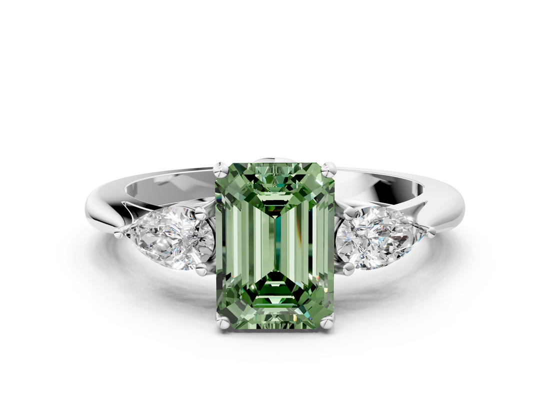 White gold Three-Stone Fancy Green Emerald  Cut Diamond Ring with Pear Side Stones in Four-Prong Setting_109