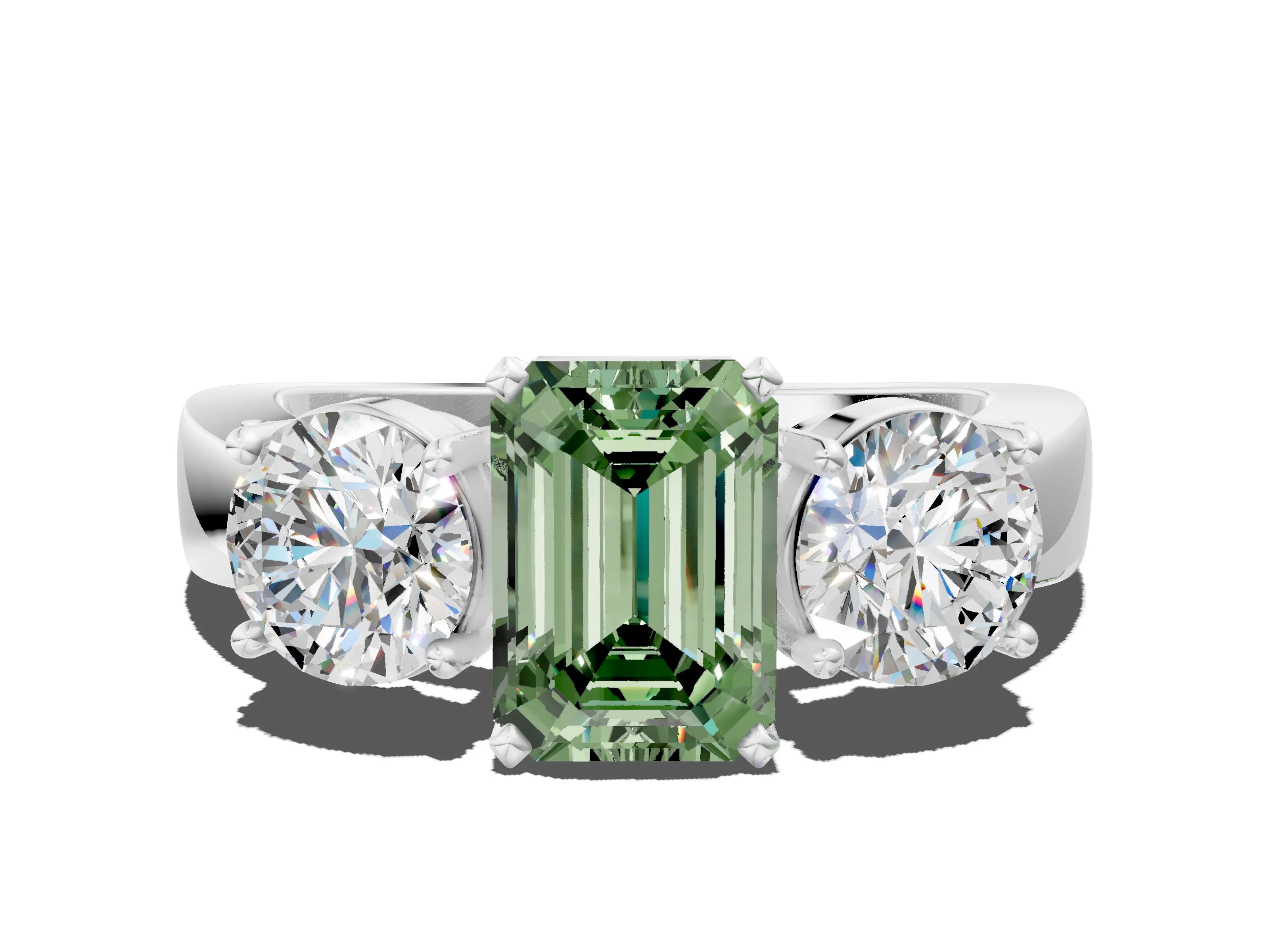 White gold Three-Stone Fancy Green Emerald Cut Diamond Ring with Round Side Stones, Classic Band, and Four-Prong Setting