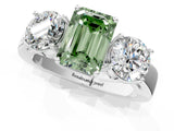 White gold Three-Stone Fancy Green Emerald Cut Diamond Ring with Round Side Stones, Classic Band, and Four-Prong Setting_1