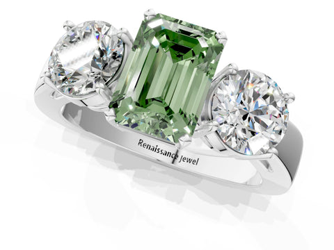 White gold Three-Stone Fancy Green Emerald Cut Diamond Ring with Round Side Stones, Classic Band, and Four-Prong Setting_1