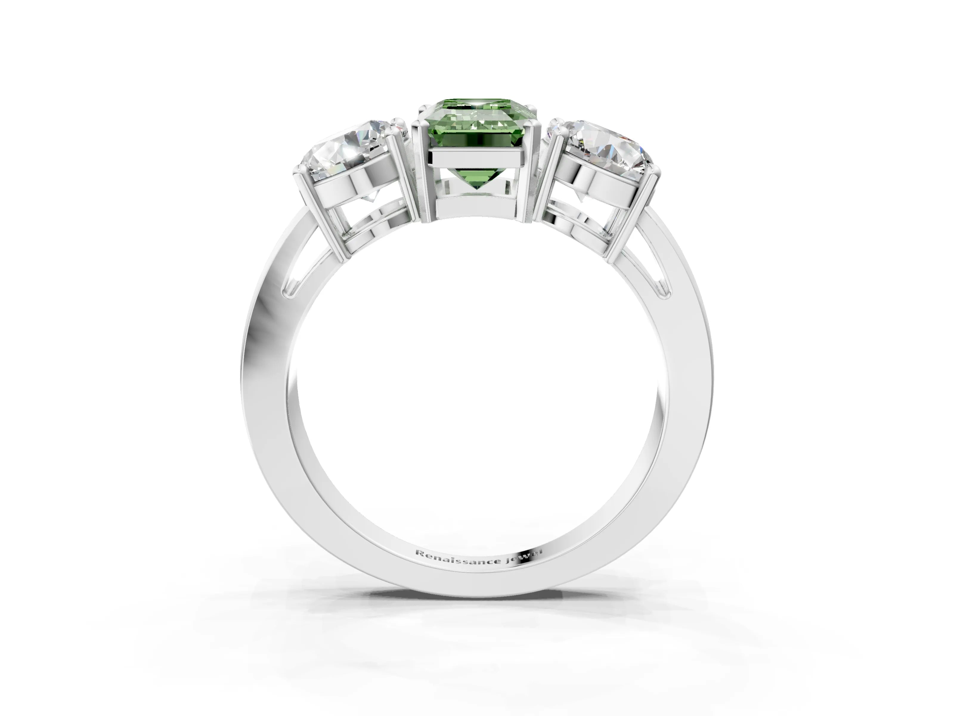 White gold Three-Stone Fancy Green Emerald Cut Diamond Ring with Round Side Stones, Classic Band, and Four-Prong Setting_3