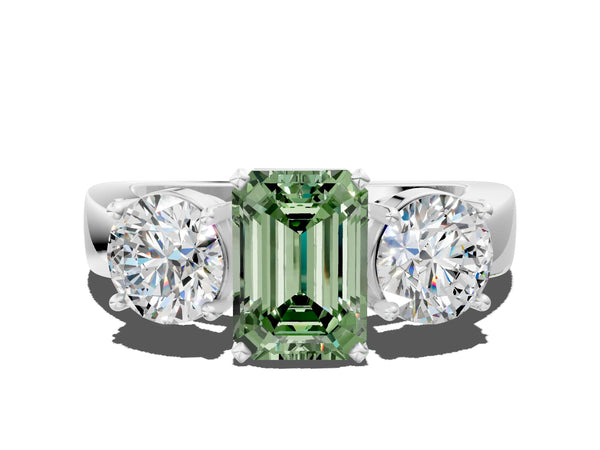 White gold Three-Stone Fancy Green Emerald Cut Diamond Ring with Round Side Stones, Classic Band, and Four-Prong Setting
