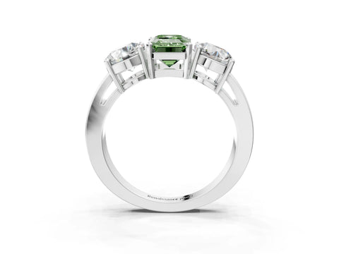 White gold Three-Stone Fancy Green Emerald Cut Diamond Ring with Round Side Stones, Classic Band, and Four-Prong Setting_3