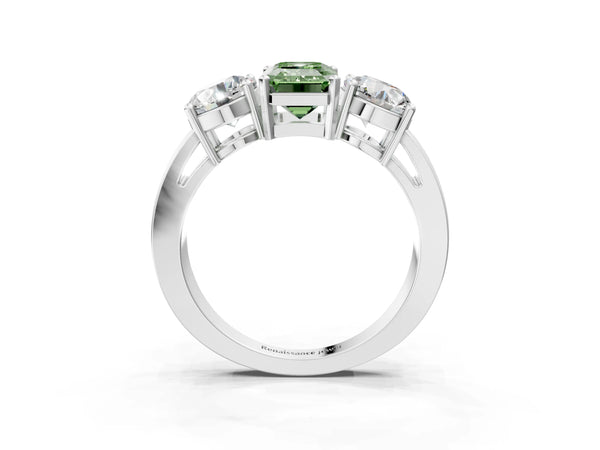 White gold Three-Stone Fancy Green Emerald Cut Diamond Ring with Round Side Stones, Classic Band, and Four-Prong Setting