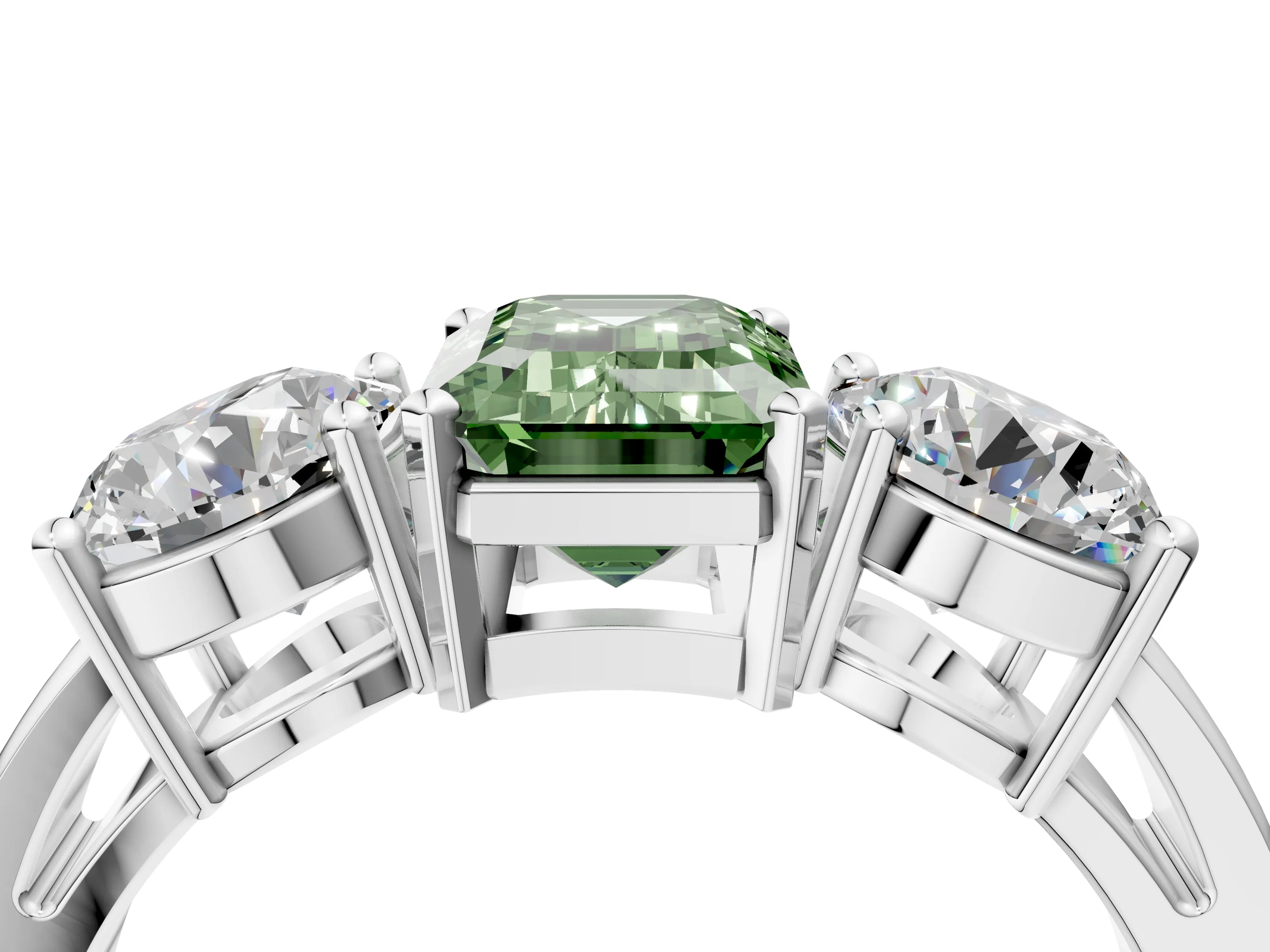 White gold Three-Stone Fancy Green Emerald Cut Diamond Ring with Round Side Stones, Classic Band, and Four-Prong Setting_4