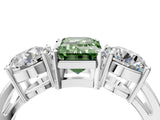 White gold Three-Stone Fancy Green Emerald Cut Diamond Ring with Round Side Stones, Classic Band, and Four-Prong Setting_4