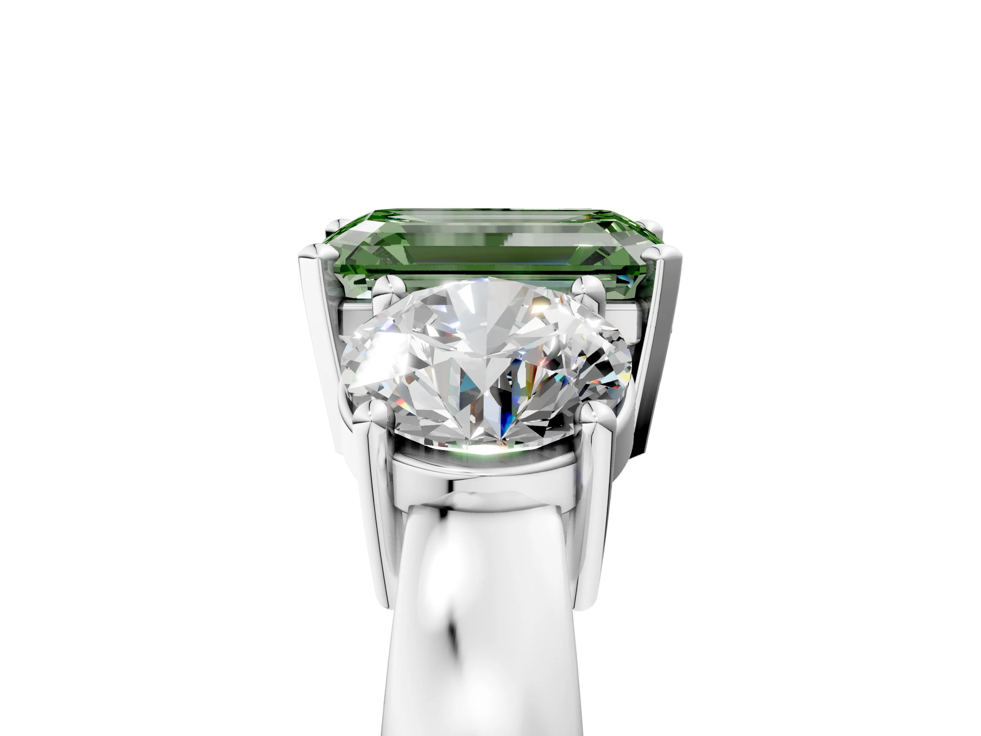 White gold Three-Stone Fancy Green Emerald Cut Diamond Ring with Round Side Stones, Classic Band, and Four-Prong Setting_5