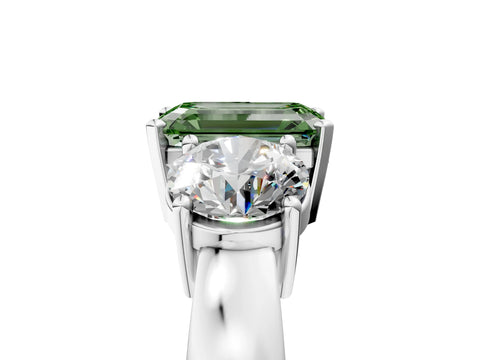 White gold Three-Stone Fancy Green Emerald Cut Diamond Ring with Round Side Stones, Classic Band, and Four-Prong Setting_5