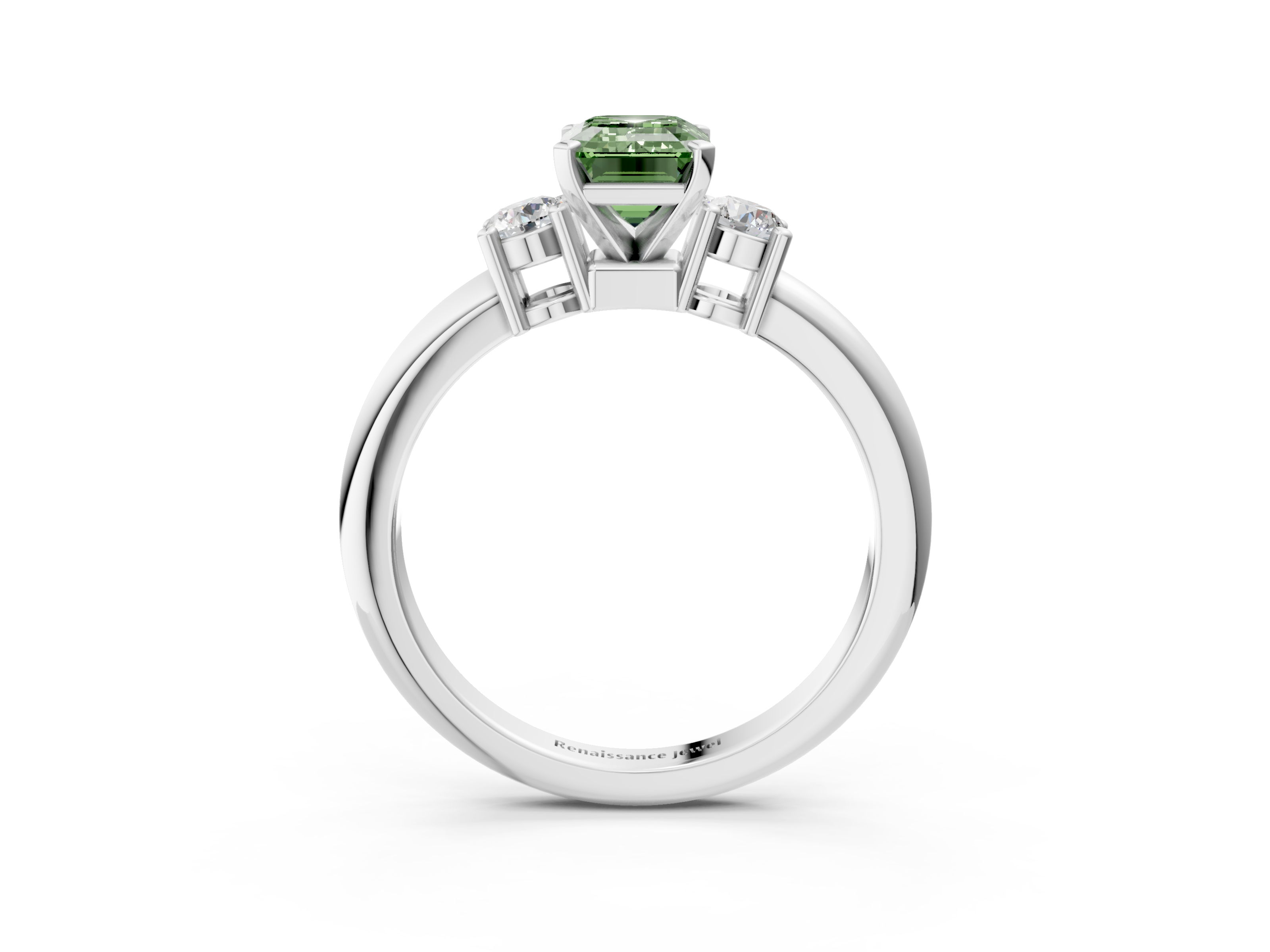 White gold Three-Stone Fancy Green Emerald  Cut Diamond Solitaire with Prong Setting and Classic Band_47