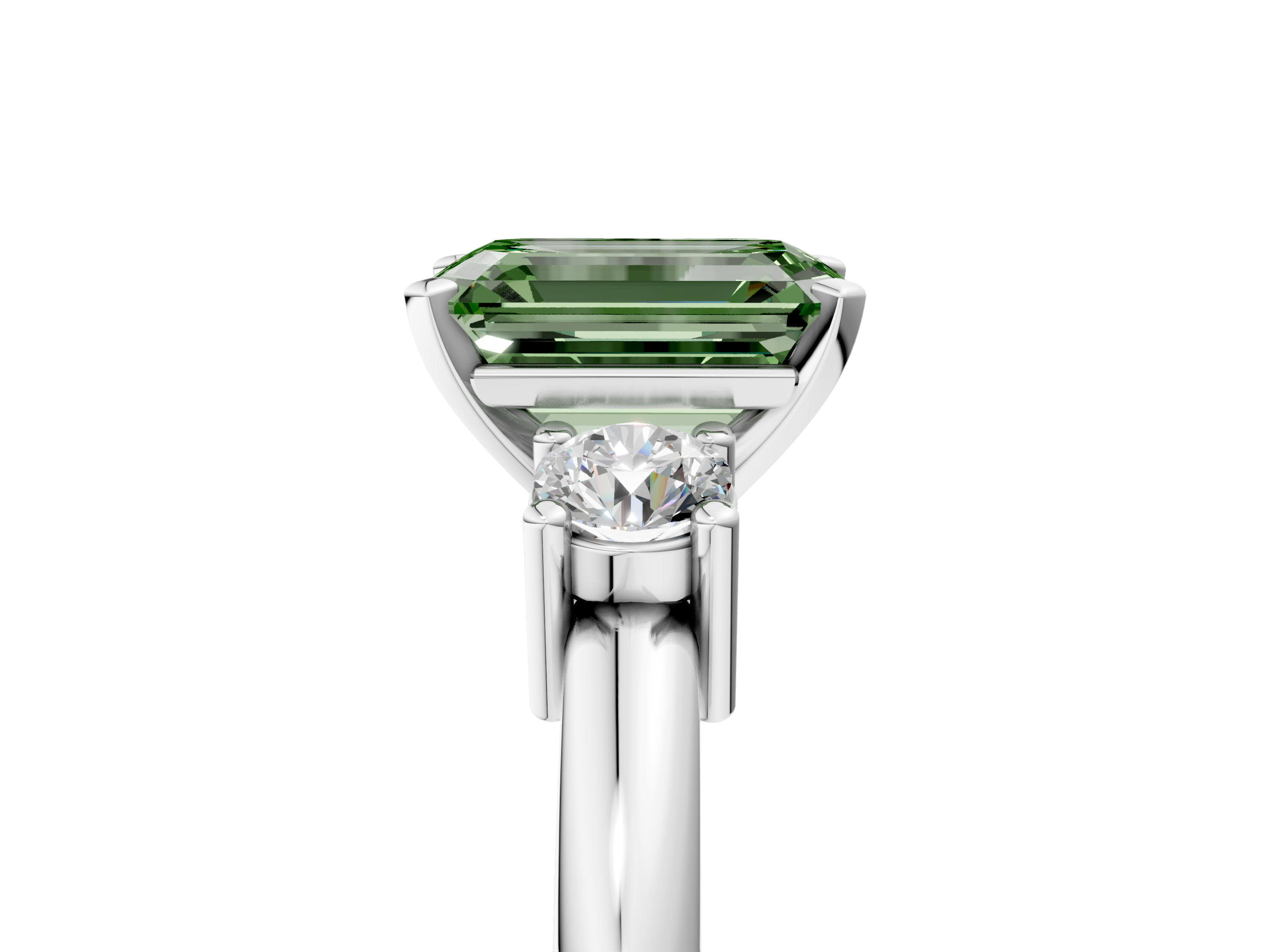 White gold Three-Stone Fancy Green Emerald  Cut Diamond Solitaire with Prong Setting and Classic Band_49