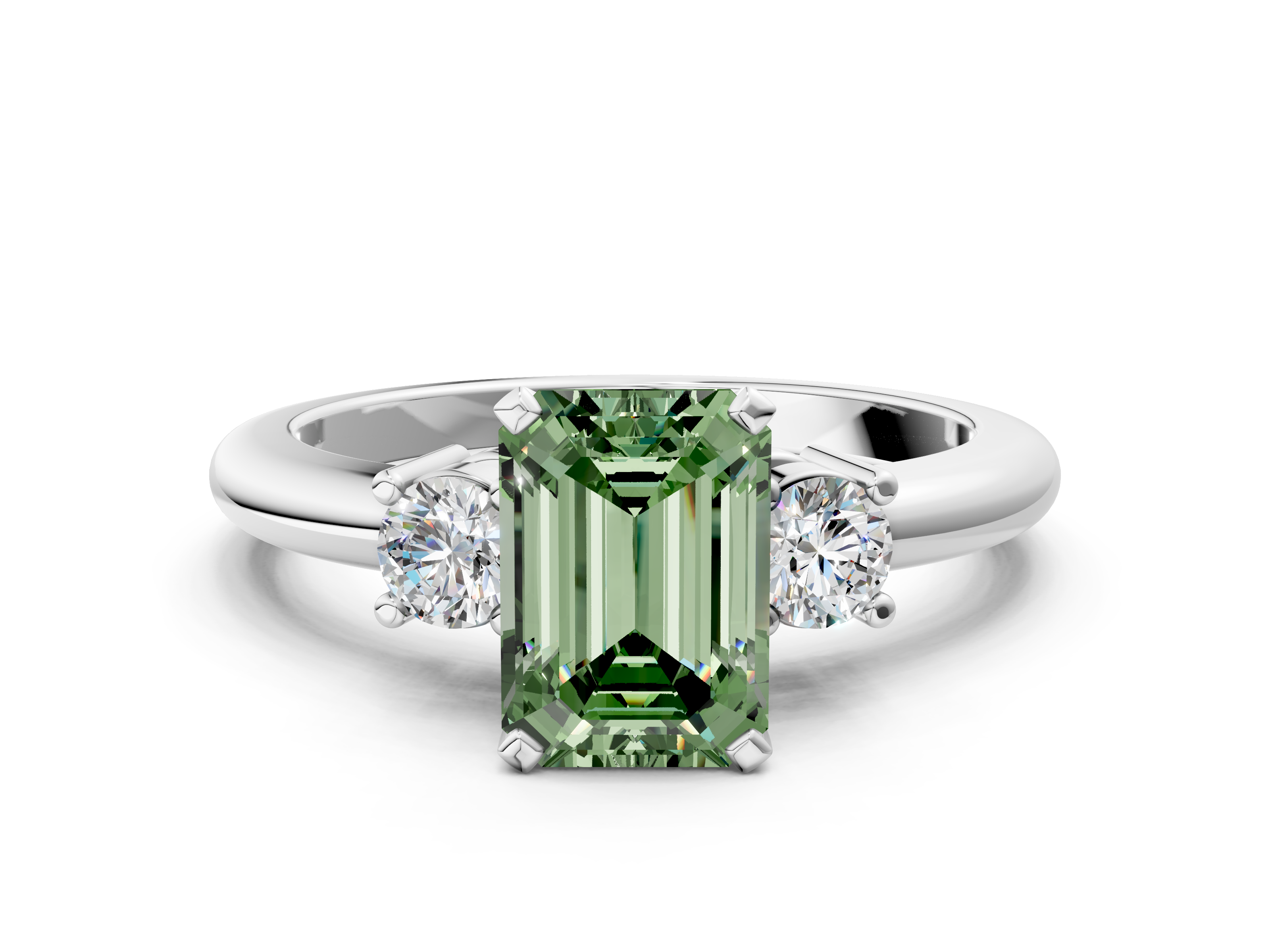 White gold Three-Stone Fancy Green Emerald  Cut Diamond Solitaire with Prong Setting and Classic Band_50