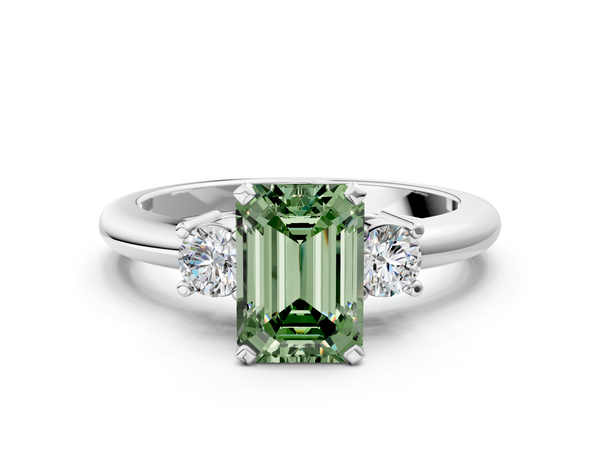 White gold Three-Stone Fancy Green Emerald  Cut Diamond Solitaire with Prong Setting and Classic Band