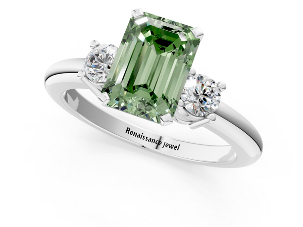 White gold Three-Stone Fancy Green Emerald  Cut Diamond Solitaire with Prong Setting and Classic Band