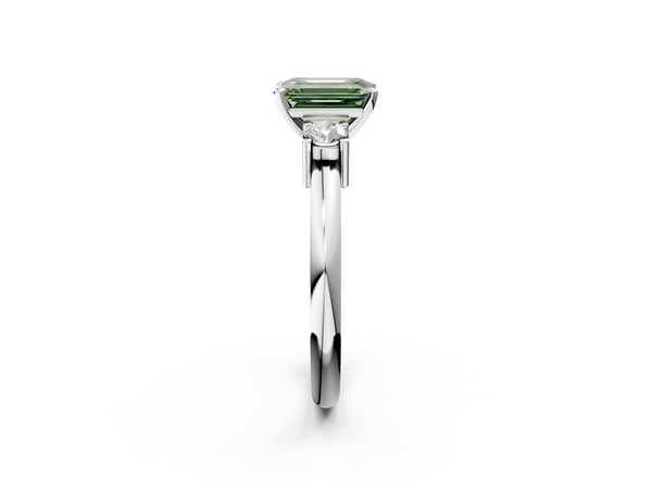 White gold Three-Stone Fancy Green Emerald  Cut Diamond Solitaire with Prong Setting and Classic Band