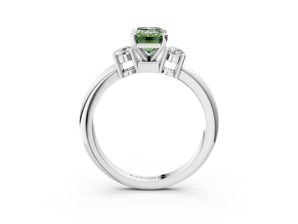White gold Three-Stone Fancy Green Emerald  Cut Diamond Solitaire with Prong Setting and Classic Band