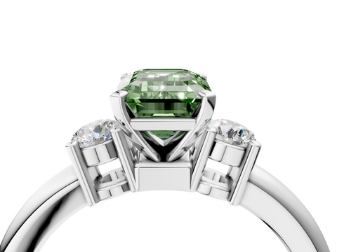 White gold Three-Stone Fancy Green Emerald  Cut Diamond Solitaire with Prong Setting and Classic Band_54