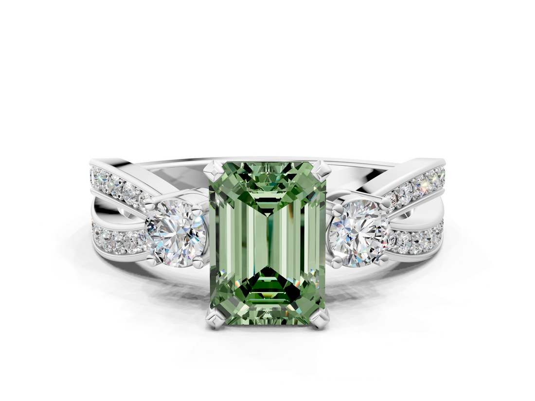 White gold Three-Stone Fancy Green Emerald  Cut Diamond Twist Band with Prong Setting_87