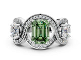 White gold Three-Stone Fancy Green Emerald Cut Diamond Wave Pave Band with Prong Setting