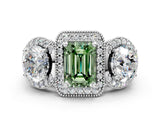 White gold Three-Stone Fancy Green Emerald Cut Halo Diamond Milgrain Band with Four-Prong Setting