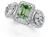White gold Three-Stone Fancy Green Emerald Cut Halo Diamond Milgrain Band with Four-Prong Setting_1
