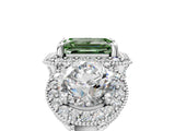 White gold Three-Stone Fancy Green Emerald Cut Halo Diamond Milgrain Band with Four-Prong Setting_5