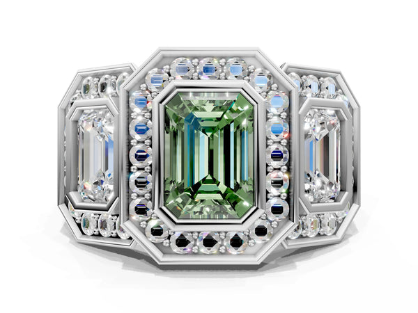 Platinum Three-Stone Fancy Green Emerald Cut Halo Pavé Diamond Ring