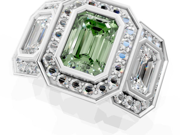Platinum Three-Stone Fancy Green Emerald Cut Halo Pavé Diamond Ring