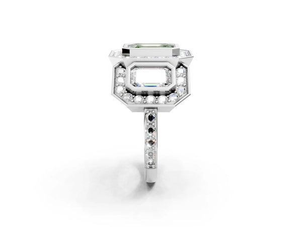 Platinum Three-Stone Fancy Green Emerald Cut Halo Pavé Diamond Ring