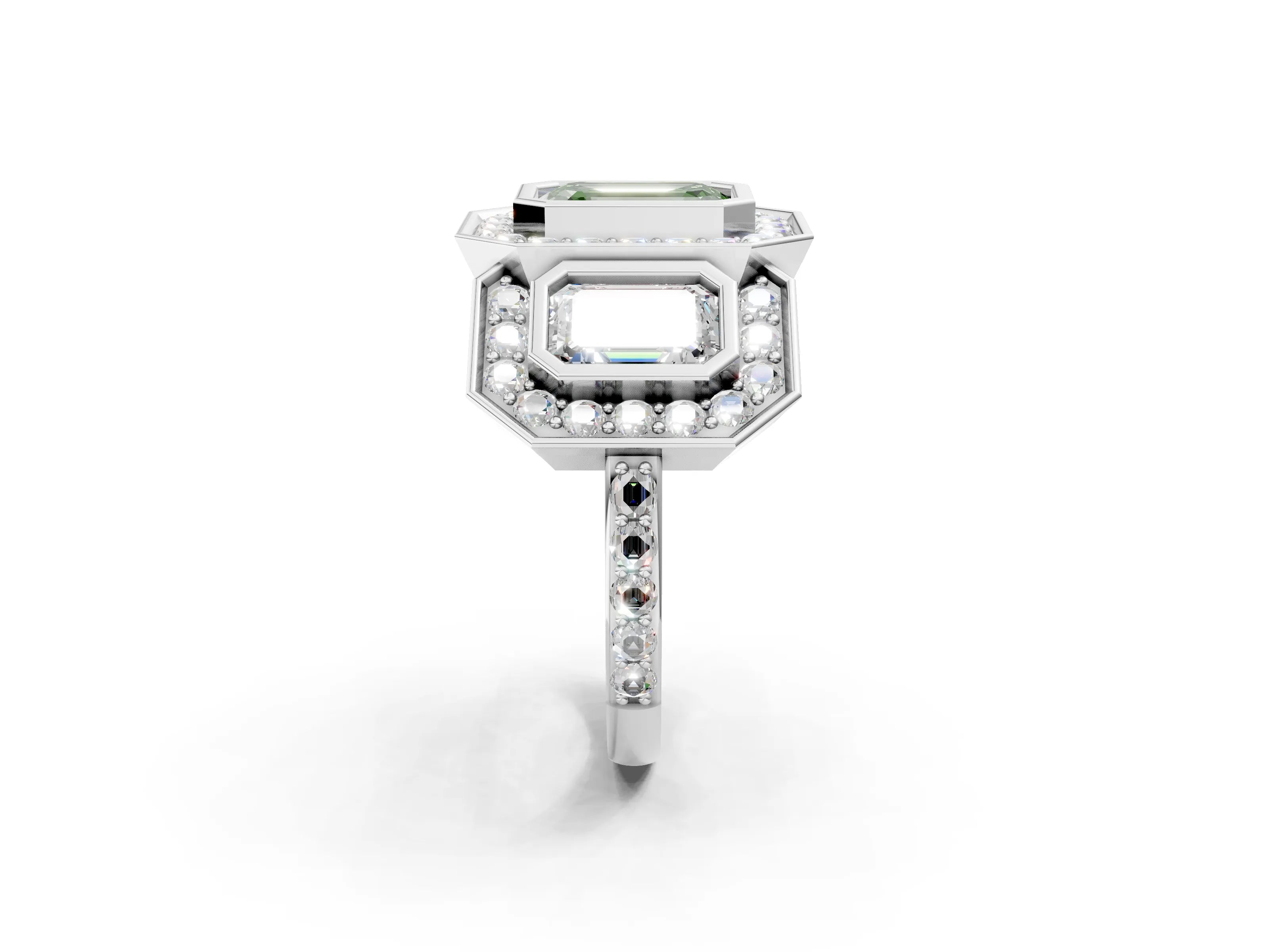 White gold Three-Stone Fancy Green Emerald Cut Halo Pavé Diamond Ring_2