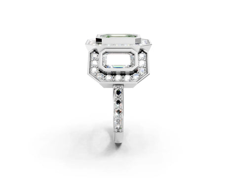 White gold Three-Stone Fancy Green Emerald Cut Halo Pavé Diamond Ring_2