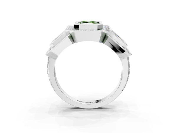 Platinum Three-Stone Fancy Green Emerald Cut Halo Pavé Diamond Ring