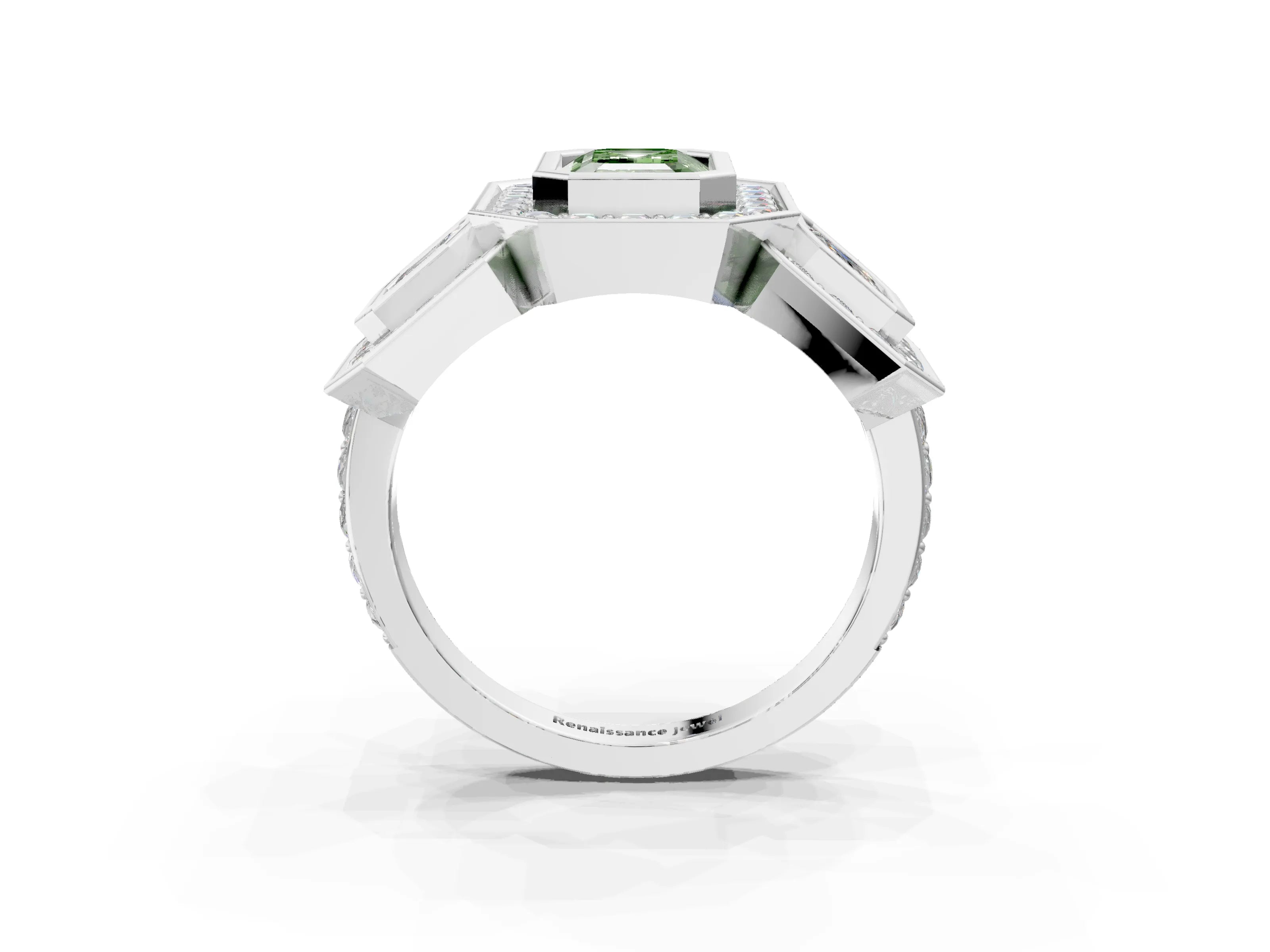 White gold Three-Stone Fancy Green Emerald Cut Halo Pavé Diamond Ring_3