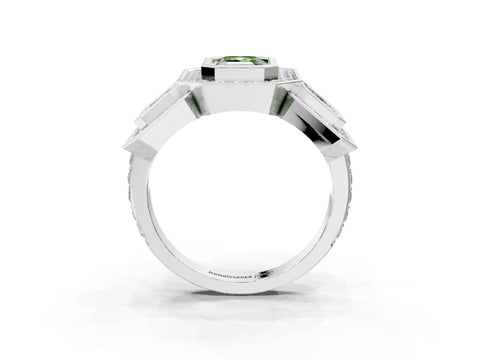 White gold Three-Stone Fancy Green Emerald Cut Halo Pavé Diamond Ring_3