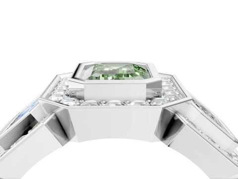 White gold Three-Stone Fancy Green Emerald Cut Halo Pavé Diamond Ring_4