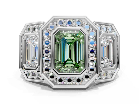 White gold Three-Stone Fancy Green Emerald Cut Halo Pavé Diamond Ring