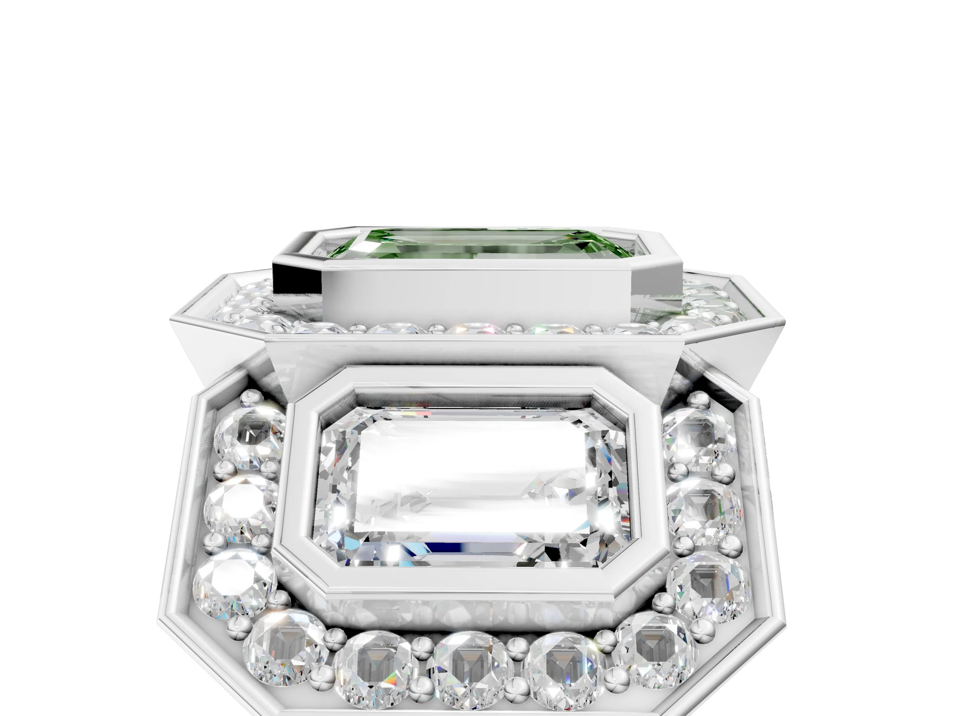 White gold Three-Stone Fancy Green Emerald Cut Halo Pavé Diamond Ring_5