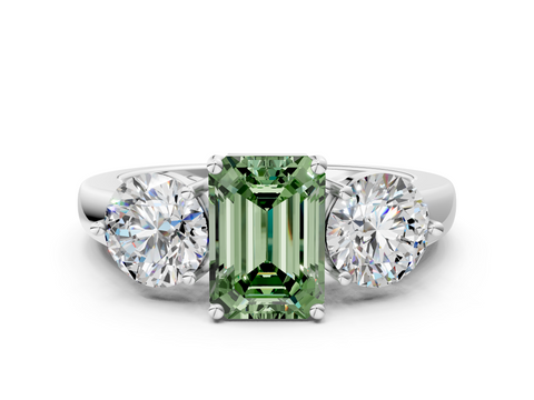 White gold Three-Stone Fancy Green Emerald  Cut Solitaire Ring with Prong Setting on a Classic Band_60