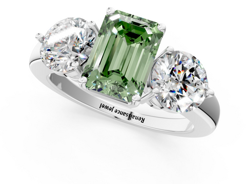 White gold Three-Stone Fancy Green Emerald  Cut Solitaire Ring with Prong Setting on a Classic Band_61