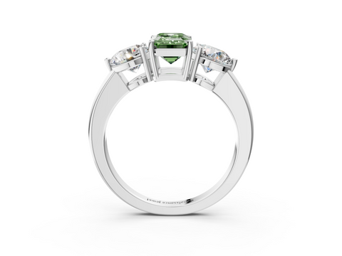 White gold Three-Stone Fancy Green Emerald  Cut Solitaire Ring with Prong Setting on a Classic Band_63