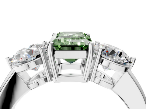 White gold Three-Stone Fancy Green Emerald  Cut Solitaire Ring with Prong Setting on a Classic Band_64