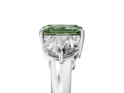 White gold Three-Stone Fancy Green Emerald  Cut Solitaire Ring with Prong Setting on a Classic Band_65